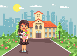 Vector illustration cartoon character child lonely brunette schoolgirl, pupil, student standing with bouquet flowers in front of building knowledge day start study back to school flat style
