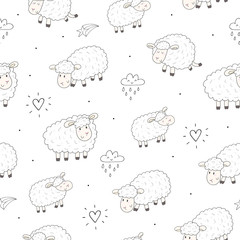 Cute seamless pattern with funny sheep. vector illustration