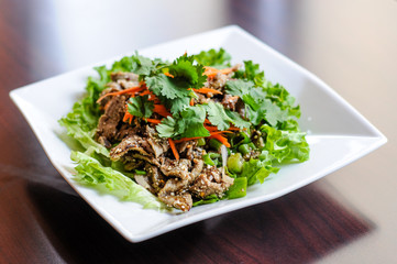 Nam Tok Spicy Beef Salad, Char-broiled tender slices of beef mixed with red onion, green onions, roasted rice, cilantro, chili powder & citrus leaves.