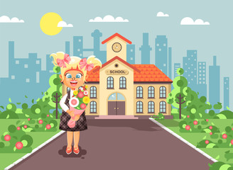 Obraz na płótnie Canvas Vector illustration cartoon character child lonely girl blonde schoolgirl, pupil, student standing with bouquet flowers in front of building knowledge day start study back to school flat style
