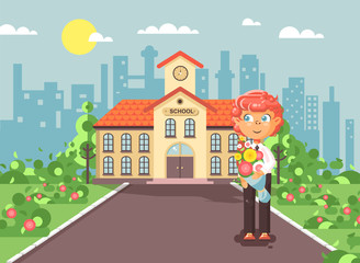 Obraz na płótnie Canvas Vector illustration cartoon character child lonely boy redhead schoolboy, pupil, student standing with bouquet flowers in front of building knowledge day start study back to school flat style