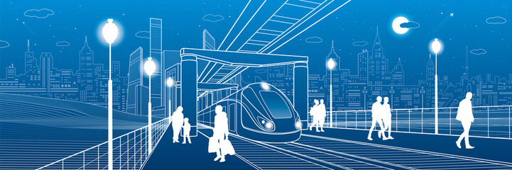 Infrastructure and transport panorama. Monorail railway. People walking under flyover. Train move. Illuminated platform. Modern night city. Towers and skyscrapers. White lines. Vector design art