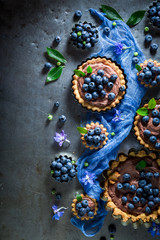 Delicious and crispy tarts with fresh blueberries and chocolate
