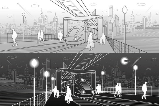 Infrastructure and transport panorama. Monorail railway. People walking under flyover. Train move. Railway platform. Modern night city. Towers and skyscrapers. White and gray lines. Vector design art
