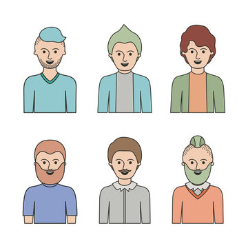 caricature half body male people with differents hairstyle set on white background vector illustration