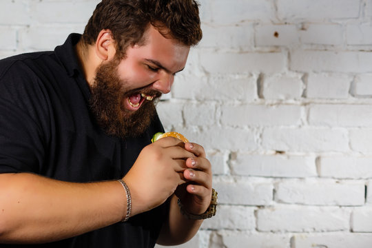 Fat Man Greedily Eating Hamburger, on white background