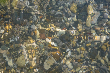 sea pebble beach with multicoloured stones, waves with foam