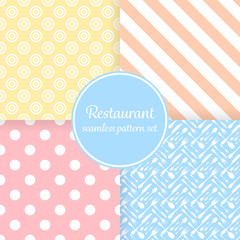 Restaurant or bistro theme. Pastel color stripes, dots, cutlery and other shapes. Seamless vector pattern background set.