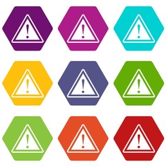 Warning attention sign with exclamation mark icon set color hexahedron