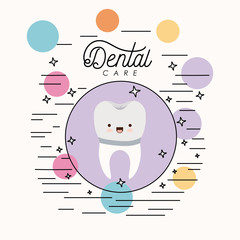 kawaii caricature implant tooth dental care with happiness expression in circular frame with colorful bubbles and star with lines on white background vector illustration