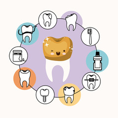 kawaii caricature tooth with golden crown with wink eye and happiness expression with circular frame icons dental care on white background vector illustration