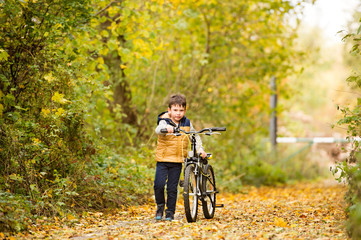 Fototapeta na wymiar Cute little boy cycling in sunny autumn park.