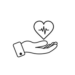 Hand holding heart beat. Vector outline icon. Health symbol