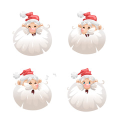 Funny cartoon style set of Santa's in hat head icons. Emotion illustration. Laughing, singing noel, surprised. Simple gradient artwork.