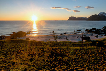 Scenic view of beautiful midnight sun in Norway.