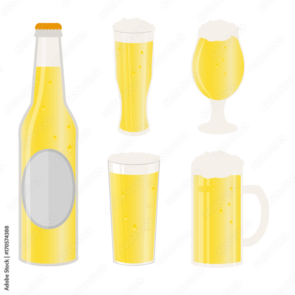 Wall mural Set of beer mugs, bottle and glasses. Vector icon with alcoholic beverages.