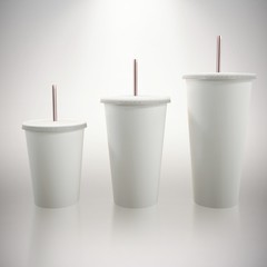 Composite image of white cups over white background