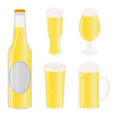 Set of beer mugs, bottle and glasses. Vector icon with alcoholic beverages.