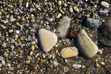 sea pebble beach with multicoloured stones, waves with foam