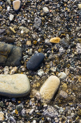 sea pebble beach with multicoloured stones, waves with foam