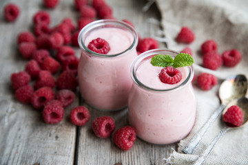 Yogurt smoothie with raspberries, fruit dessert. Berry smoothie. 