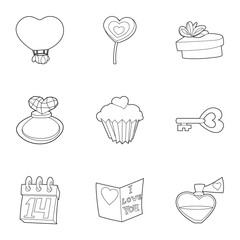 Saint valentine day icons set, outline style