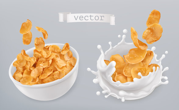 Corn flakes and milk splashes. 3d realistic vector icon set