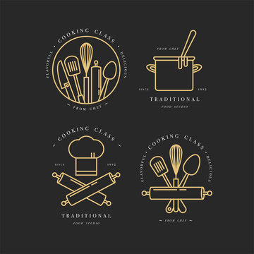 Cooking class linear design elements, kitchen emblems, symbols, icons or food studio labels and badges collection.