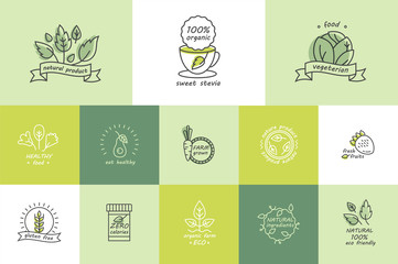 Vector set of organic products labels and badges - collection of different icons and illustrations related to fresh and healthy food