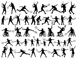 Fototapeta na wymiar vector silhouettes collection of people playing tennis, disabled children elderly man woman 