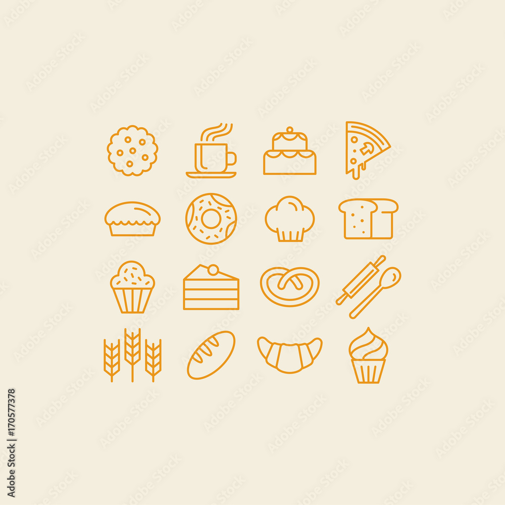 Poster Vector set of linear icons and illustrations related to bakery