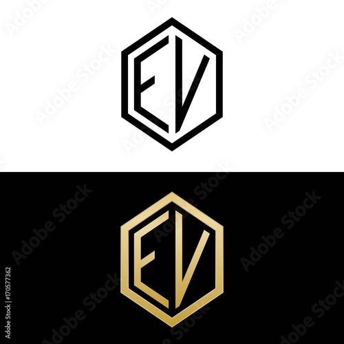 initial letters logo ev black and gold monogram hexagon shape vector