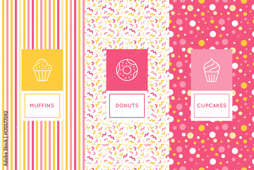 Poster Vector set of logo design templates and seamless patterns in flat linear style for packaging