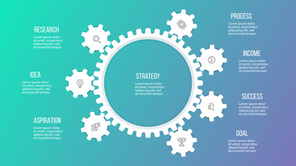 Business hierarchy infographic. Organization chart with 7 options, gears. Vector template.