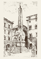 landscape in European town Rome in Italy . engraved hand drawn in old sketch and vintage style. historical architecture with buildings, perspective view. Elephant and Obelisk. Piazza della Minerva.