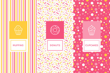 Vector set of logo design templates and seamless patterns in flat linear style for packaging