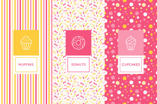 Vector set of logo design templates and seamless patterns in flat linear style for packaging