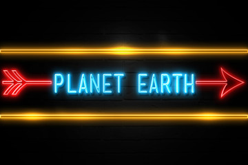 Planet Earth  - fluorescent Neon Sign on brickwall Front view