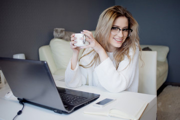 Student or freelancer, working at home with laptop. Charming young woman sits in front of monitor...