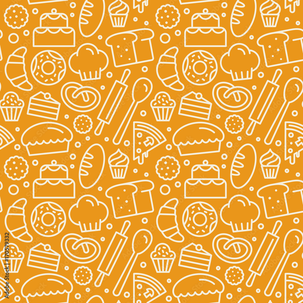 Poster vector seamless pattern with linear icons and illustrations related to bakery, cafe, cupcake shop