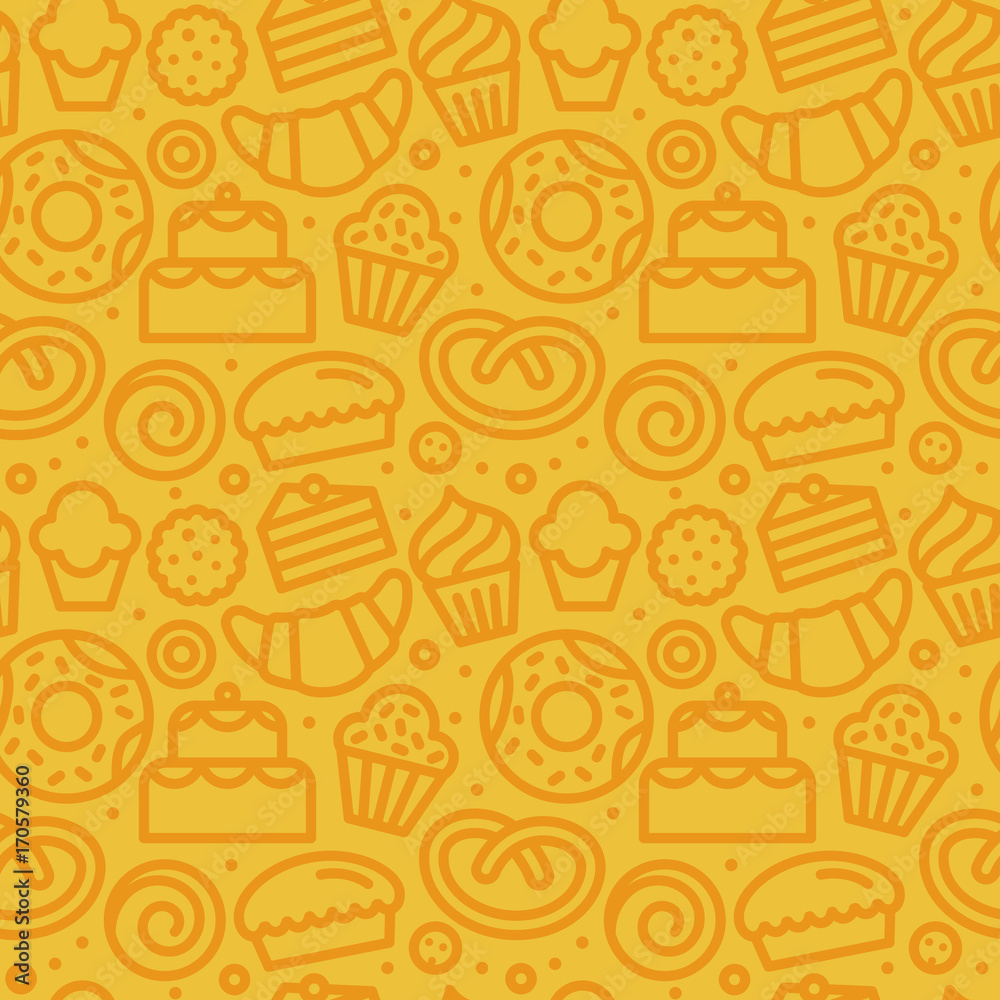 Poster vector seamless pattern with linear icons and illustrations related to bakery, cafe, cupcake shoplor