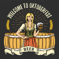 Obraz premium beer classical wooden barrels for Logo or emblem and banner. engraved in ink hand drawn in old sketch and vintage style for web or pub menu. design of oktoberfest.