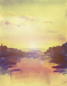 Watercolor illustration of sunset at river. Nature.