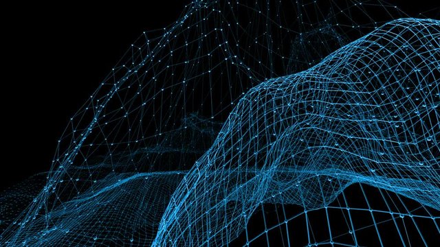 Abstract simple blue waving 3D grid or mesh as scientific visualization. Blue geometric vibrating environment or pulsating math background.