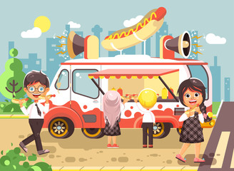 Vector illustration cartoon characters children, pupils, schoolboys and schoolgirls buy fast food, sandwiches, hot dogs, sausage from car, meals on wheels, street food, school snack flat style