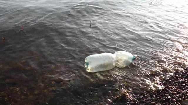 Floating plastic bottle in the lake
