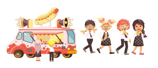 Vector illustration isolated characters children, pupils, schoolboys and schoolgirls buy fast food, sandwiches, hot dogs, sausage from car, meals on wheels, street food, school snack flat style