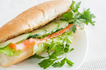 Sandwich with salmon cucumber greens on a white plate