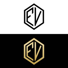 initial letters logo fv black and gold monogram hexagon shape vector