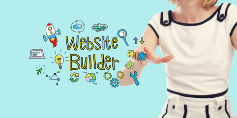 Website Builder text with young woman on a blue background